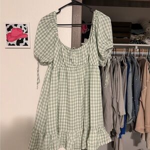Green Gingham Puff Sleeve Dress